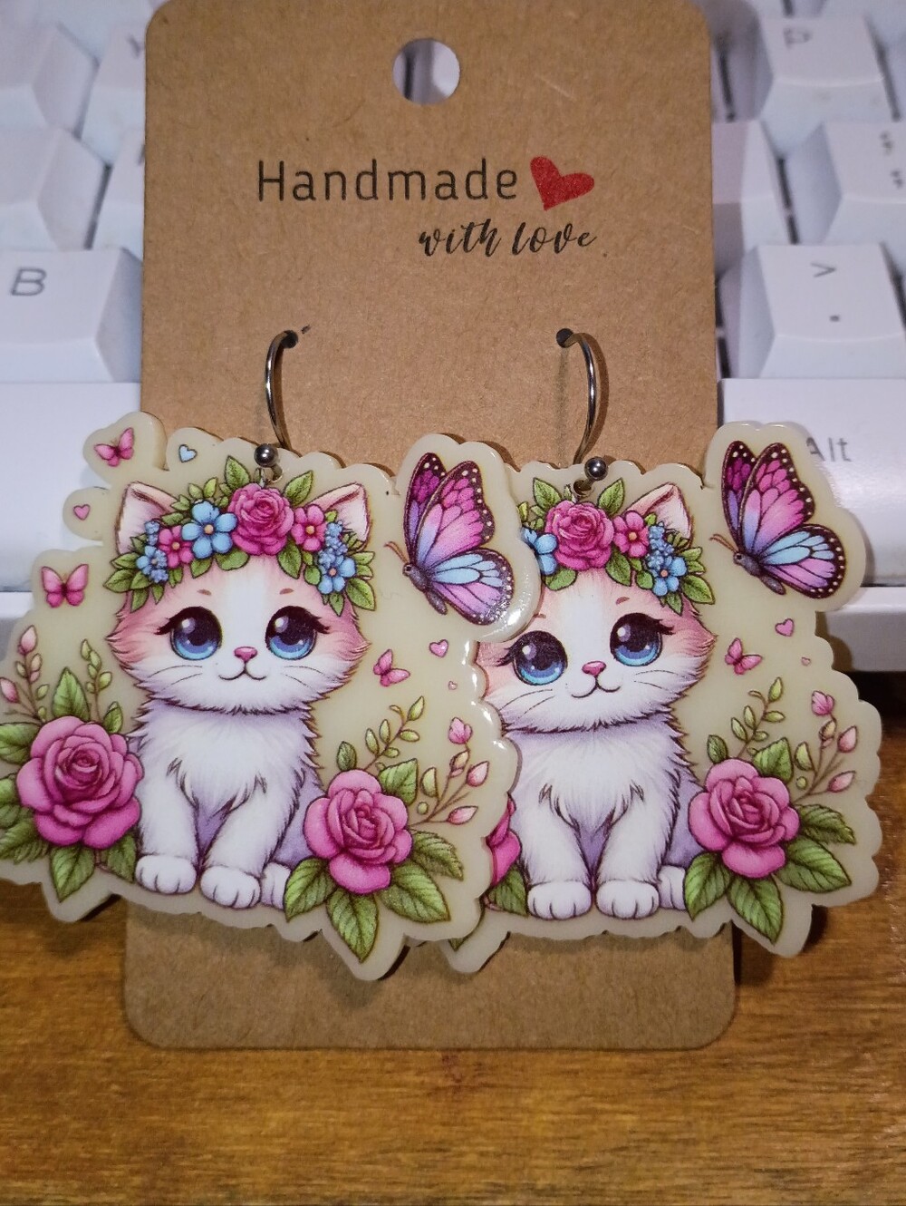 Handmade Kitten Cat Earrings with Pink Floral Crown and Butterfly Accents